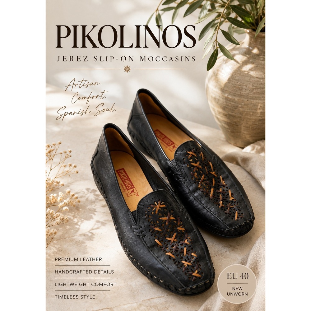 Pikolinos Jerez Slip-On Moccasins EU 40 Black Leather Woven Loafers New